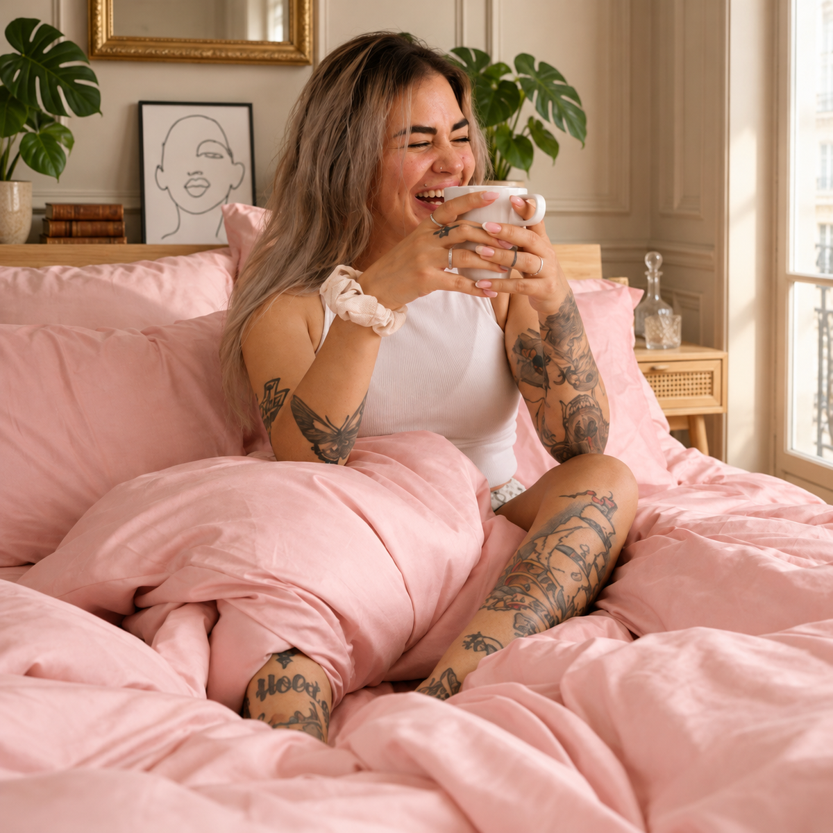 Pink bamboo bedding set on bed, showing the softness and comfort of the fabric