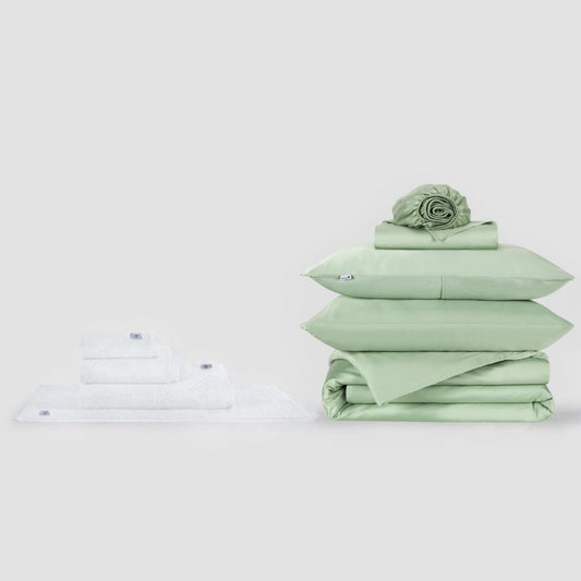 Sage green and white complete bed sheet set with matching towel collection displayed on white background by Momo Cotton