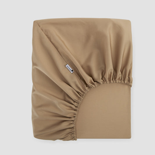 Lençol de baixo ajustável Azul bege bambu by Momo Cotton – tecido de cetim 300 fios, suave, respirável e sustentável.