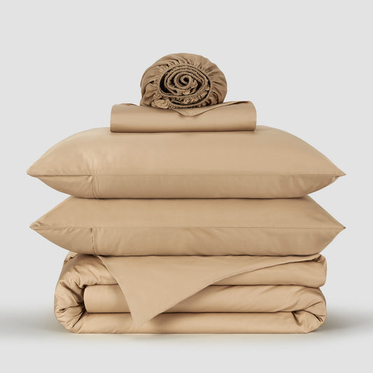 Jogo Capa de Edredão roupa de cama Bege bambu by Momo Cotton – tecido de cetim 300 fios, suave, respirável e sustentável.