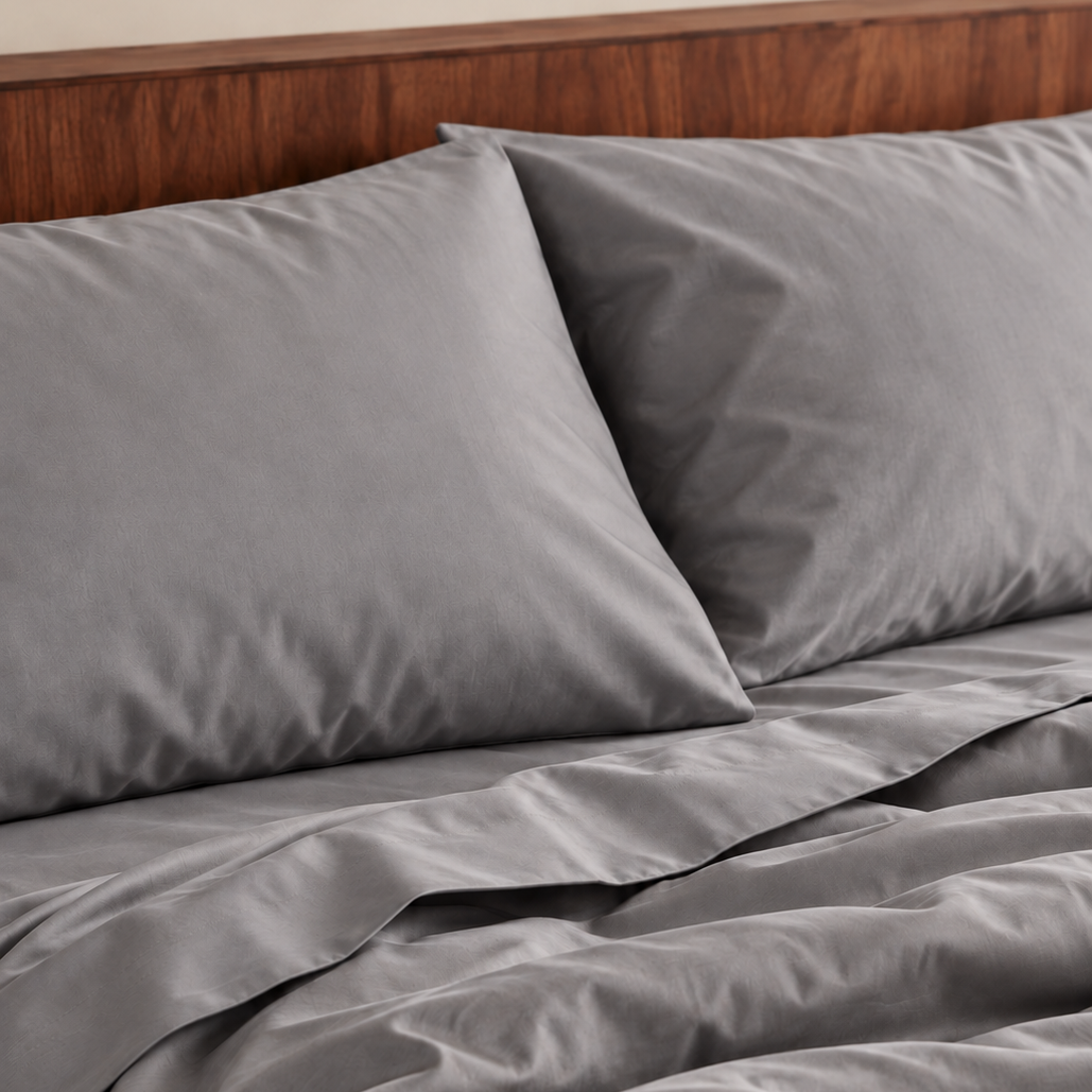 Graues Laken auf Holzbett mit Kissen, zeigt wärmeregelstoffes Bambus-Textil.