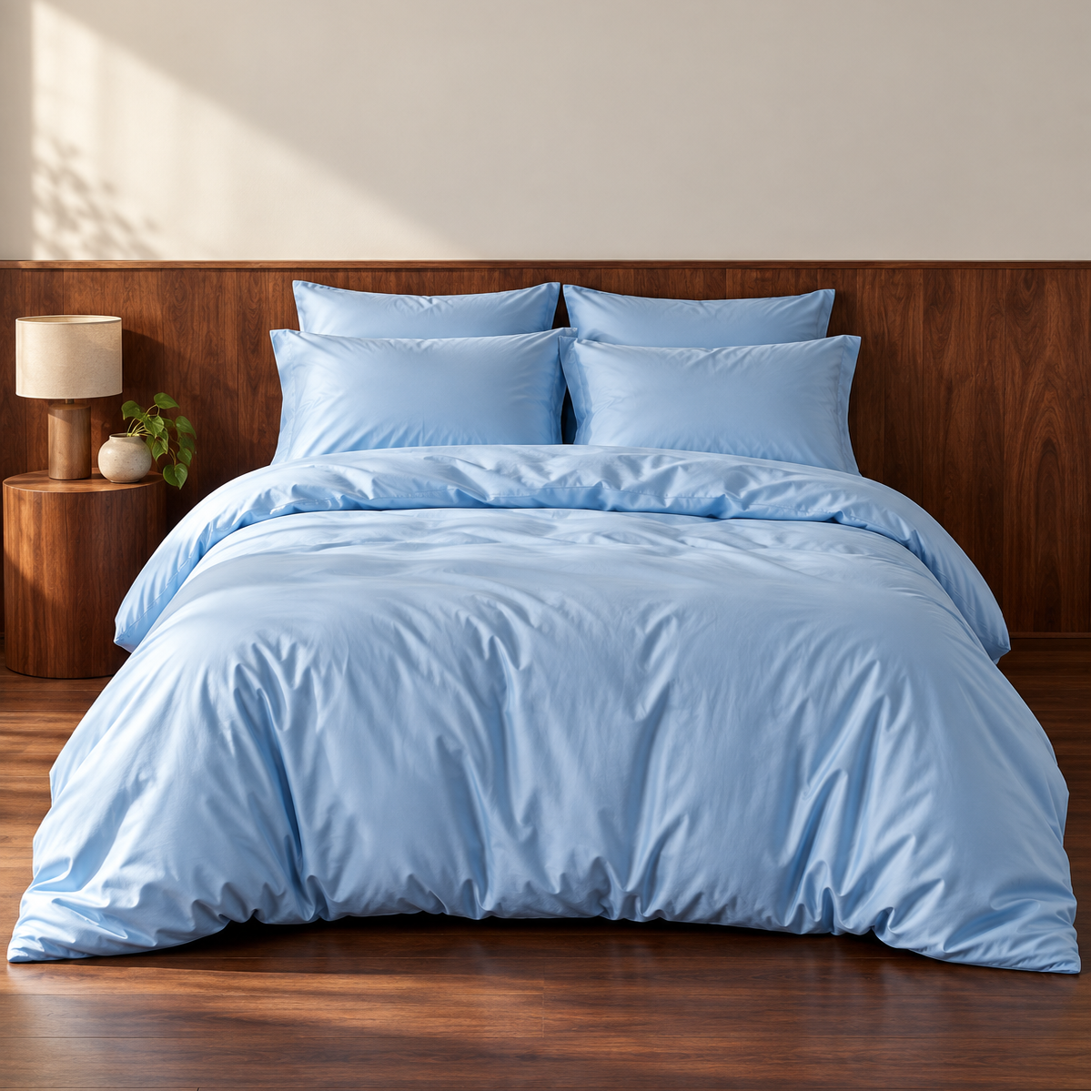 Light blue bamboo duvet cover set on bed with pillows, wooden headboard and bedside table