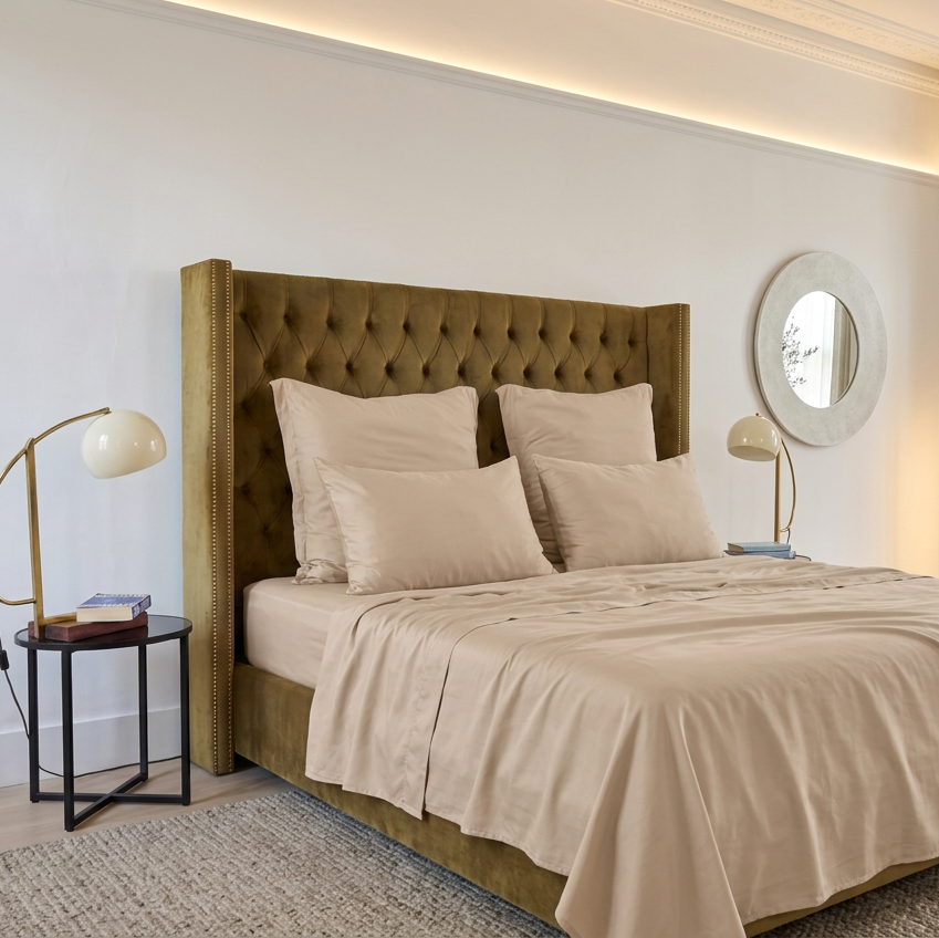 Beige Bettwäsche-Set auf Bett mit gepolstertem Kopfteil, Kissen und rundem Wandspiegel